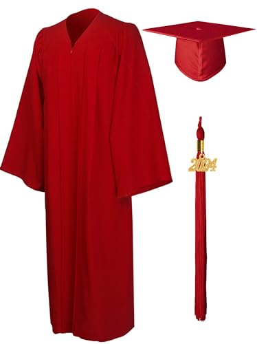 GraduationMall Matte Graduation Gown Cap Tassel Set 2024 for High School and Bachelor Red 48(5'3'-5'5')