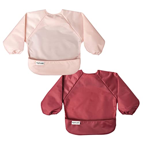 Tiny Twinkle Mess Proof Baby Bib, 2 Pack Long Sleeve Bib Outfit, Waterproof Bibs for Toddlers, Machine Washable, Tug Proof (Rose Burgundy, Small 6-24 Months)