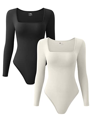 OQQ Women's 2 Piece Bodysuits Sexy Ribbed One Piece Square Neck Long Sleeve Bodysuits Black Beige