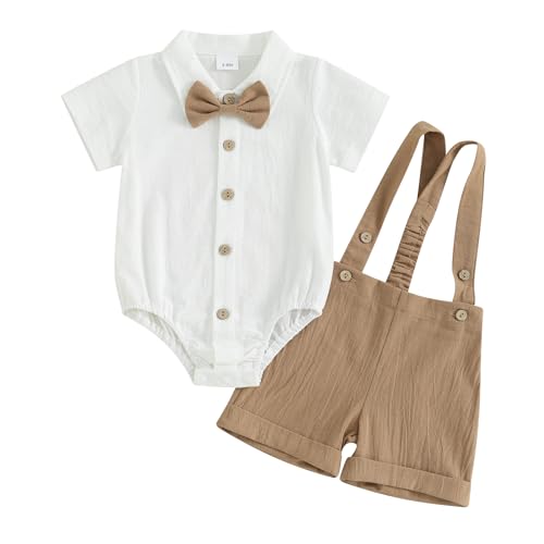 KMBANGI Toddler Newborn Baby Boys Gentleman Outfits Short Sleeve Turn-down Collar Romper Bib Pants Bow Tie 3Pcs Short Set (Khaki, 3-6 Months)