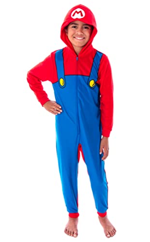 Super Mario Character Front-Zip Hooded Long- Sleeve Pajama Set, Red/Blue, S(6/7)