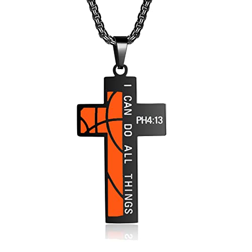 Susook Basketball Cross Necklace for Boys Bible Verse I CAN DO All Things Stainless Steel Sport Pendant for Men(Black)