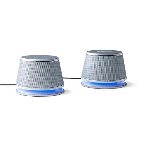 Amazon Basics Stereo 2.0 Speakers for PC or Laptop, 3.5mm Aux input, USB-Powered, 1 Pair, Silver