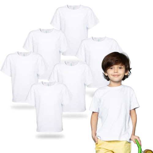 METFUIN Sublimation Blanks T-Shirts for Kids Children 6 Pack Short Sleeve Cotton T-Shirts White (US, Alpha, Medium, Regular, White)