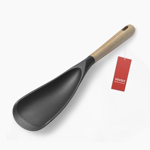 Cooking Spoon for Nonstick Cookwares, VOVOLY Silicone Spoon for Mixing, Scoop, and Scrape, Black, 11.4''