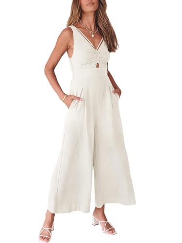 ANRABESS Womens Casual Summer Wide Leg Jumpsuits V Neck Cutout High Waist Smocked Loose Flowy Overalls Beach Linen Rompers One Piece Outfits A898-mibai-S