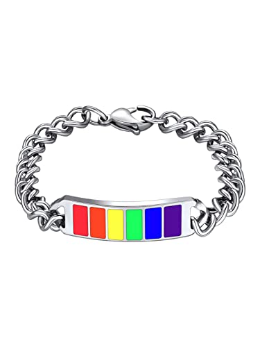 Bandmax 316L Stainless Steel Silver Adjustable Link Chain Bracelet Charm Rainbow LGBT Gay Pride Parade Tag Wristband Friendship Bracelet Jewelry for Women/Men(21cm Length)