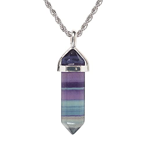 Natural Rainbow Fluorite Gemstone Hexagonal Pointed Reiki Chakra Pendant Necklace 20' High-Grade Iron Gift Box