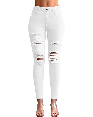 roswear Women's Ripped Mid Rise Destroyed Skinny Jeans White M