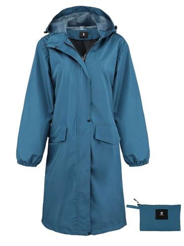 SaphiRose Womens Long Hooded Rain Jacket Waterproof Lightweight Raincoat Windbreaker Deep Blue Large