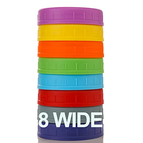 WIDE Mouth Mason Jar Lids [8 Pack] for Ball, Kerr and More - Colored Plastic Storage Caps for Mason/Canning Jars - Leak-Proof