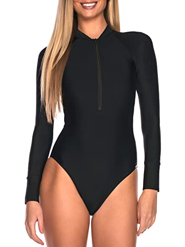 RELLECIGA Women's Black Long Sleeve Rash Guard One Piece Small