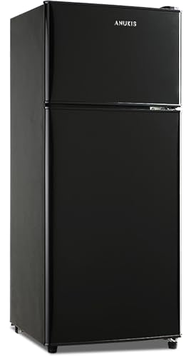 Anukis Compact Refrigerator with Freezer, 4.0 Cu Ft Mini Fridge Double Doors - Ideal for Dorm, Bedroom, Kitchen, Office, and Apartment, Garage, Stylish Black (Black)