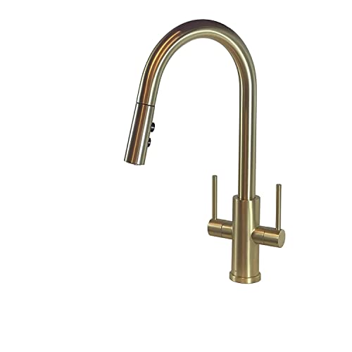 Luna&Muni.Kitchen Faucet Satin Gold Deck Mount Brushed Stainless Steel Pull Down Sprayer Sink Faucet with 2 Handles