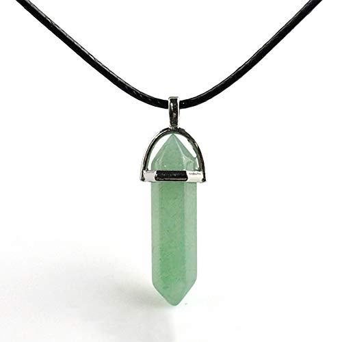 Anglacesmade Bullet Shape Gemstone Choker Necklace Hexagonal Pointed Reiki Chakra Pendant Leather Necklace Bohemian Jewelry for Women and Girls (Tangling Jade)