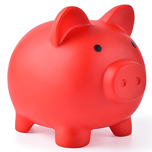 PJDRLLC Piggy Bank, Unbreakable Plastic Money Bank, Coin Bank for Girls and Boys, Medium Size Piggy Banks, Practical Gifts for Birthday, Easter, Baby Shower (Red)