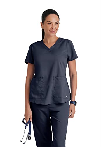 Grey's Anatomy Women's Two Pocket V-Neck Scrub Top with Shirring Back, Steel, Medium
