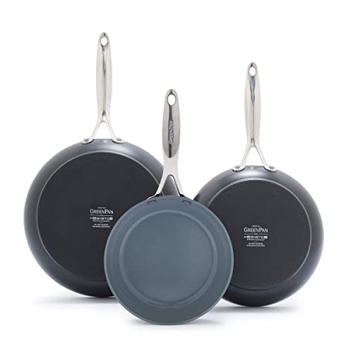 GreenPan Valencia Pro Hard Anodized Healthy Ceramic Nonstick 8' 9.5' and 11' Frying Pan Skillet Set, PFAS-Free, Induction, Dishwasher Safe, Ovens Safe, Gray