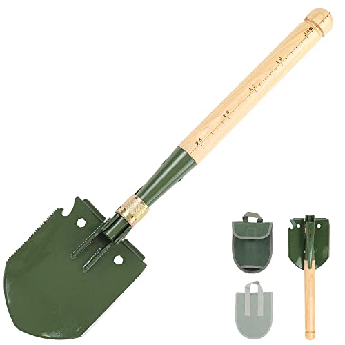 Mastiff Gears  Wooden Handle Folding Survival Shovel w/Pick - Heavy Duty Carbon Steel Military Style Entrenching Tool for Off Road, Camping, Gardening, Beach, Digging Dirt, Sand, Mud & Snow