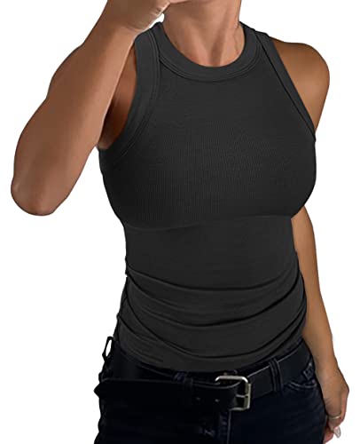 GEMBERA Womens Sleeveless Racerback High Neck Casual Basic Cotton Ribbed Fitted Tank Top Black L