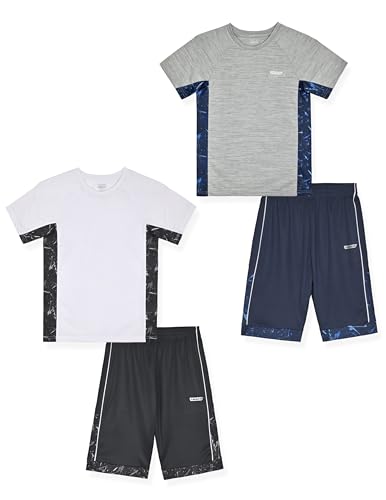 Hind 4-Piece Boys Basketball Shorts and Performance Athletic Shirt Set (5-6, White Blue-Vapor Black)