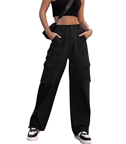 ZMPSIISA Women High Waisted Cargo Pants Wide Leg Casual Pants 6 Pockets Combat Military Trousers(Black,Small)