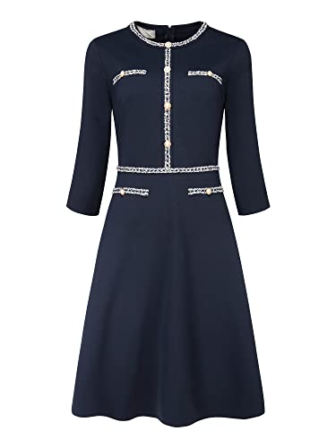 Hobemty Women's A-Line Dress Office 3/4 Sleeve Tweed Trim Elegant Dresses Medium Navy Blue