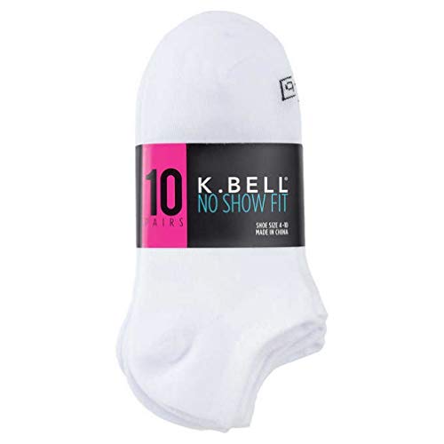 K. Bell Ladies - No Show Sock - 10 Pair Pack (Sock size 4-10, White)