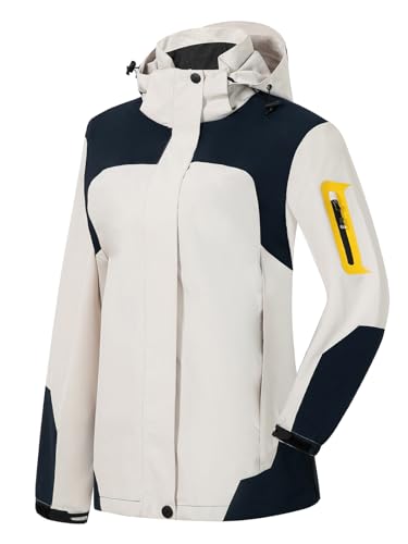 SaphiRose Womens Waterproof Rain jacket Lightweight Active Outdoor Raincoat with Removable Hood (Beige,Large)