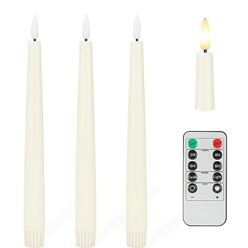 Flameless Taper Candles with 3D Wick, 9.6' Real Wax LED Candles with Remote and Timer, 3 Pack Flickering Candlesticks Battery Operated, Classic Tall Taper Candles for Home, Wedding, Party, Ivory