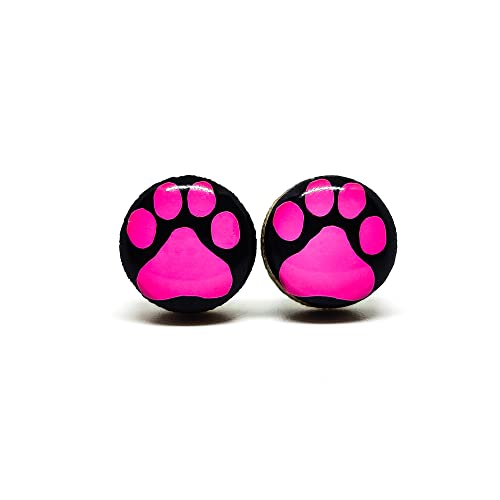 Stud Earrings, Paw Print, 10 mm, Handmade, for Women Girls Men, Stainless Steel Posts for Sensitive Ears (Pink Paw Print)