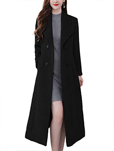chouyatou Women's Chic Shawl Collar Work Double Breasted Maxi Long Wool Pea Coat (X-Large, Black)