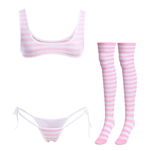 ABAFIP Women Cute Kawaii Anime Lingerie set Halter Strap Micro Bra Tiny Panty Garter Belt Striped Stockings 4Pcs Underwear Pink - Wide Strap One Size