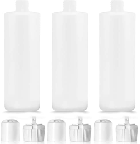3 Pack 16 Oz HDPE Plastic Bottles with 6 Caps (in 2 Styles, Press up Disc, and Turret) - BPA Free Latex-Free, Food-Grade, Great for Shampoo, Body Wash, Sauce and More
