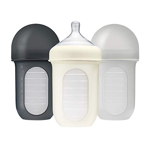 Boon Nursh Reusable Silicone Baby Bottles with Collapsible Silicone Pouch Design - Everyday Baby Essentials - Stage 2 Medium Flow Baby Bottles - Gray - 8 Oz - 3 Count