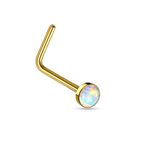 Amelia Fashion 20 Gauge Round Opal Set Flat Top L Bend Nose Stud Ring 316L Surgical Steel (Choose Color) (Gold)