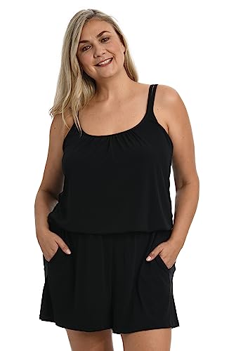 Maxine of Hollywood Women's Standard Romper One Piece Swimsuit, Black//Solids, 16