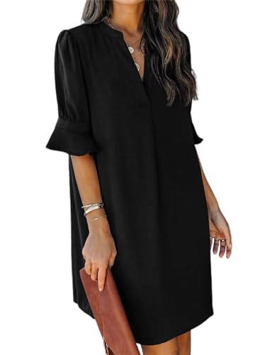 QACOHU Women's 2024 Casual Ruffle Short Sleeve V-Neck Flowy Swing Shift Dress Mini Dress Black L