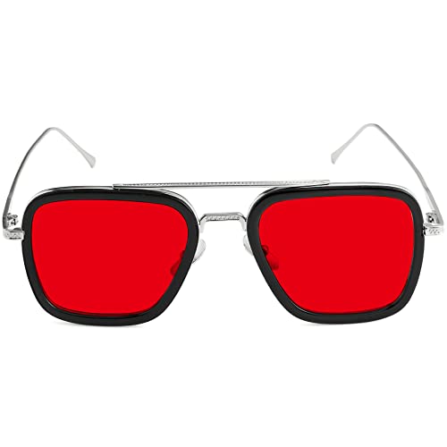 AIEYEZO Tony Stark Sunglasses Vintage Square Metal Frame Eyeglasses for Men Women - Iron Man and Edith Sun Glasses (Silver/Ocean Red)