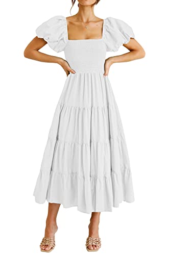 PRETTYGARDEN Women's Casual Summer Midi Dress Puffy Short Sleeve Square Neck Smocked Tiered Ruffle Dresses (White,Small)