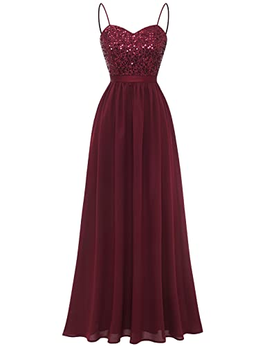 DRESSTELLS Formal Dress for Women Long Bridesmaid Wedding Guest Dresses Modest Prom Cocktail Party Spaghetti Strap Lace Chiffon Evening Gowns Sequin Burgundy M