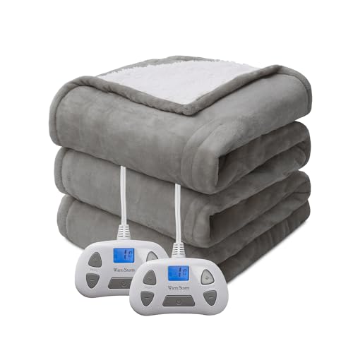 Heated Electric Blanket Queen Size 84'x90' Anti-Static Flannel and Sherpa Heating Warming Blanket with 10 Heating Levels 12 Hours Auto Off Fast Heating Over-Heat Protection Grey