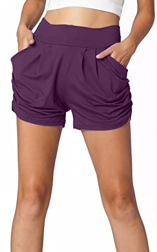 Conceited Ultra Soft High Waisted Harem Shorts for Women with Pockets - Flowy 4' Inseam - Plum - Large - X-Large - NS01-Plum-LX