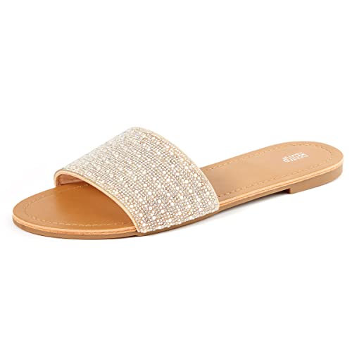 REDTOP Women's Slip on Sandals Slide Glitter Bling Casual Sandal Flat Open Toe Sparkle Slides Pearl Silver Size 8