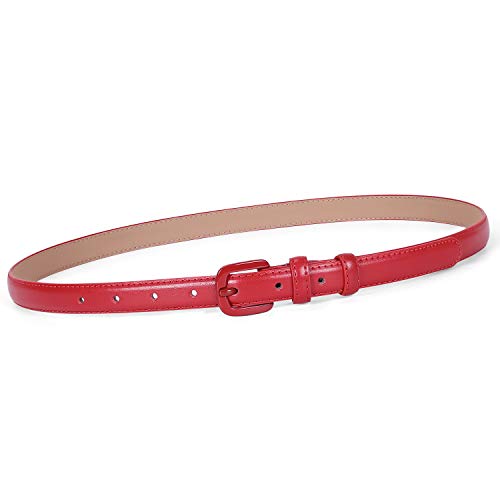 WHIPPY Women Skinny Leather Belt Thin Waist Jeans Belt for Pants in Pin Buckle Belt, Red, Pants Size 24-29 inches