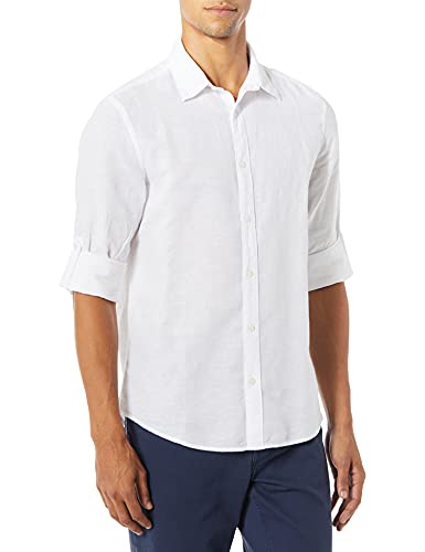 Perry Ellis Men's Slim Fit Roll Sleeve Solid Linen Cotton Button-Down Shirt (Size Small-XX-Large), Bright White, Medium