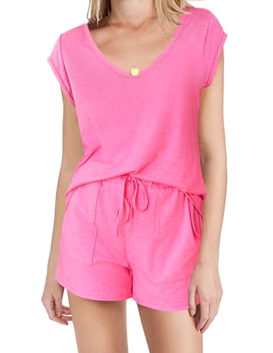 Ekouaer Summer Pajamas for Women V Neck Short Sleeve Tee and Shorts Sleepwear Pjs Cozy Two Piece Lounge Set Rose Pink,L