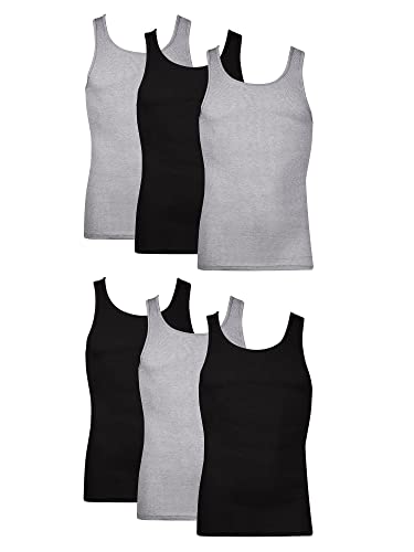 Hanes Men's Cotton Tank Undershirts Pack, Moisture-Wicking Ribbed Tanks, lightweight, Black/Grey Assorted 6-pack, Medium