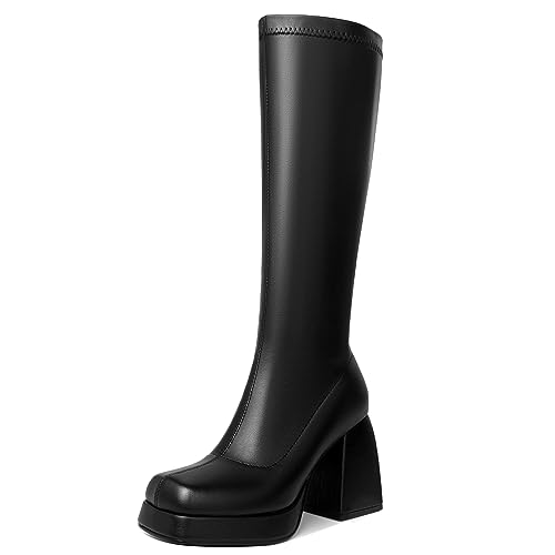 HEIFIN Black Boots Knee High Gogo Boots for Women of the 70s Platform Boots Square Toe Black Tall Boots with Zipper