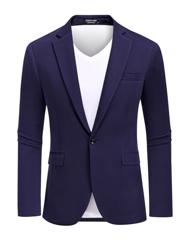 COOFANDY Casual Blazers Men Notch Lapel One Button Blazer Jackets Stretch Knit Sport Coat, Navy Blue, L